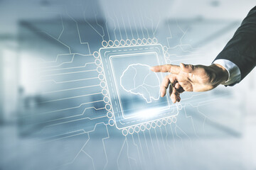 Poster - Double exposure of man hand presses on creative artificial Intelligence interface on blurred office background. Neural networks and machine learning concept