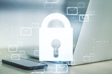 Poster - Creative concept with lock symbol and postal envelopes illustration on modern laptop background. Protection and firewall concept. Multiexposure
