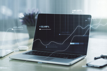 Aufkleber - Multi exposure of stats data illustration on modern laptop background, computing and analytics concept