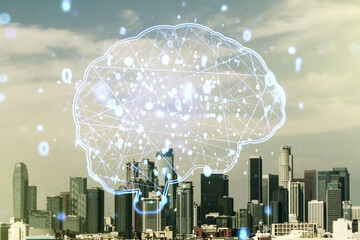 Wall Mural - virtual creative artificial intelligence hologram with human brain sketch on los angeles skyline bac