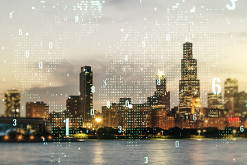 Poster - Double exposure of abstract creative programming illustration and world map on Chicago office buildings background, big data and blockchain concept