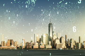 Poster - Multi exposure of abstract software development hologram and world map on New York city skyscrapers background, global research and analytics concept
