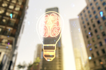 Poster - Abstract virtual creative light bulb with human brain hologram on blurry cityscape background, artificial Intelligence and neural networks concept. Multiexposure