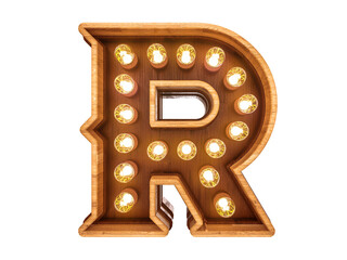 Wall Mural - Letter R with realistic light bulbs and wood isolated on white background. 3D illustration.