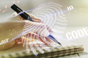 Poster - Abstract creative fingerprint concept with woman hand writing in notebook on background. Multiexposure