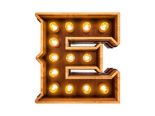 Letter E With Realistic Light Bulbs And Wood Isolated On White Background. 3D Illustration.