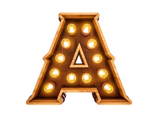 Wall Mural - letter a with realistic light bulbs and wood isolated on white background. 3d illustration.