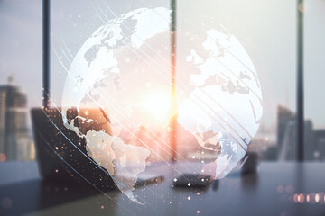 Poster - Multi exposure of abstract creative digital world map and modern desktop with computer on background, tourism and traveling concept