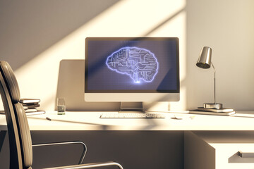 Poster - Creative artificial Intelligence concept with human brain sketch on modern laptop monitor. 3D Rendering
