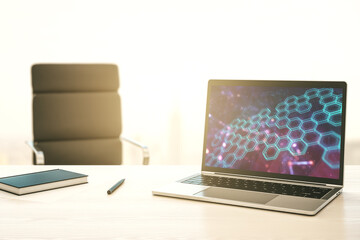 Poster - Modern computer monitor with technology hologram with hexagon. Research and development software concept. 3D Rendering