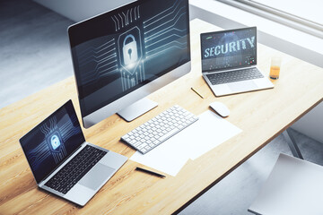 Poster - Computer monitor with creative light lock illustration and microcircuit, cyber security concept. 3D Rendering
