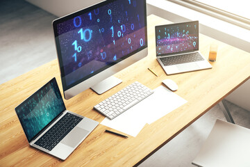 Poster - Modern computer monitor with creative abstract binary code hologram. Database and programming concept. 3D Rendering