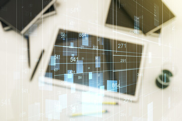 Poster - Multi exposure of stats data illustration and modern digital tablet on background, top view, computing and analytics concept