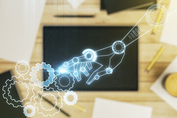 Aufkleber - Double exposure of robotics technology hologram and digital tablet on background, top view. Research and development software concept