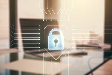 Poster - Creative lock sketch with chip hologram on modern laptop background, protection of personal data concept. Multiexposure