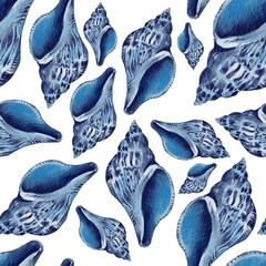 Seamless pattern of blue seashells. Sea shells watercolor hand drawn illustration set isolated on white background for banner, poster, print, postcard, textile, template, card