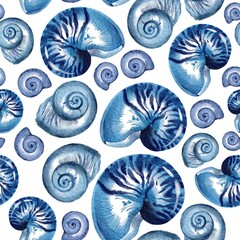 Seamless pattern of blue seashells. Sea shells watercolor hand drawn illustration set isolated on white background for banner, poster, print, postcard, textile, template, card