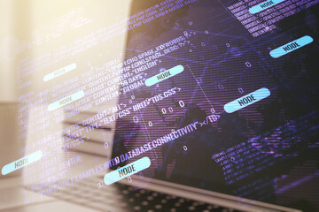 double exposure of abstract programming language with world map on laptop background, research and d
