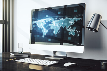 Poster - Computer monitor with abstract graphic digital world map with connections, globalization concept. 3D Rendering
