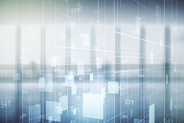 Poster - Double exposure of abstract virtual statistics data hologram on empty modern office background, statistics and analytics concept