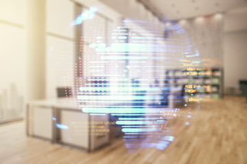 Aufkleber - Multi exposure of abstract creative coding sketch and world map on a modern furnished office background, artificial intelligence and neural networks concept