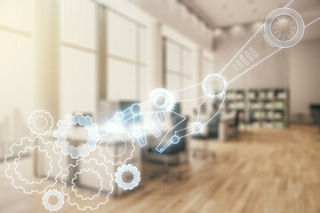 Aufkleber - Abstract virtual robotics technology sketch on a modern furnished office interior background, future technology and AI concept. Double exposure