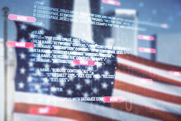 Poster - Multi exposure of abstract software development hologram on USA flag and blurry skyscrapers background, research and analytics concept