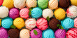 Leinwandbild Motiv Assorted of scoops ice cream. Colorful set of ice cream of different flavours. Top view of ice cream isolated with mint, sauce
