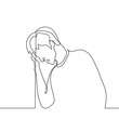 man, in despair or anger, grabbed jamb of the door, his head was lowered and mouth was open, face twisted in a grimace - one line drawing. concept of negative emotions that are difficult to contain