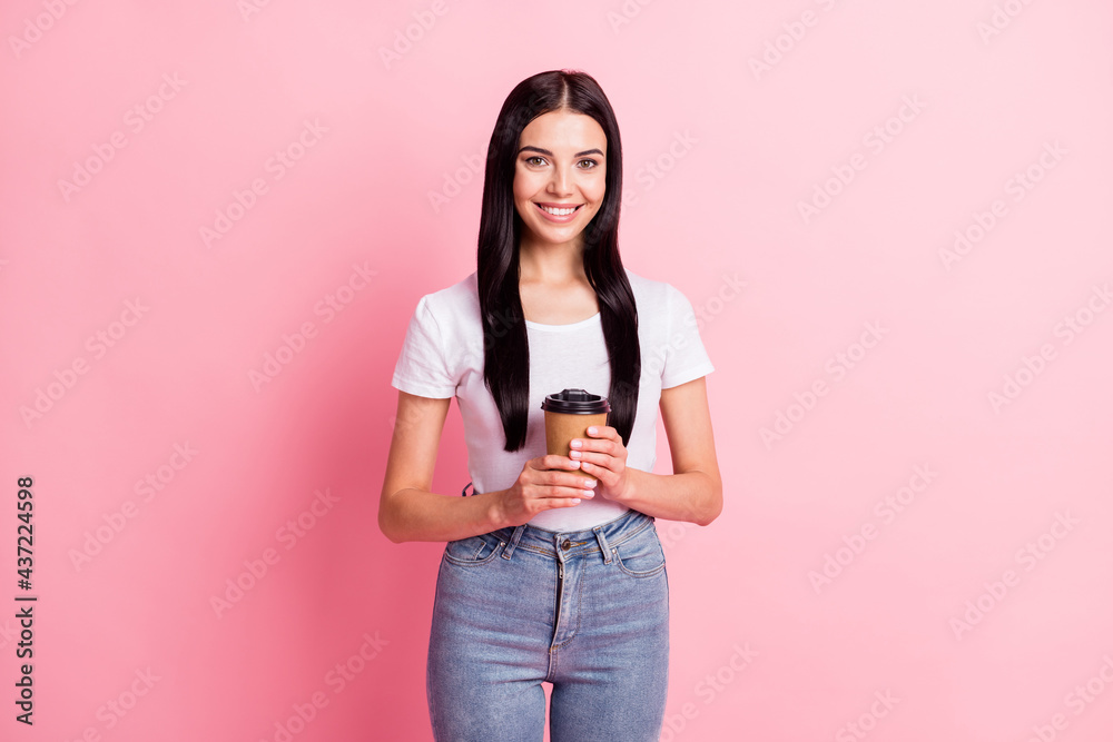 Portrait of attractive cheerful girl drinking fresh tasty natural latte isolated over pink pastel color background - obrazy, fototapety, plakaty 