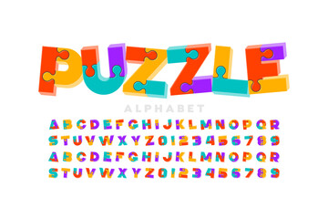 Wall Mural - Puzzle game style 3d font, jigsaw puzzle alphabet letters and numbers, vector illustration