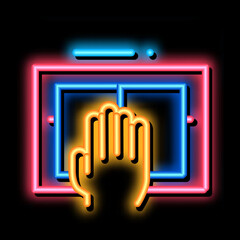 Poster - Hand Scanning neon light sign vector. Glowing bright icon Hand Scanning sign. transparent symbol illustration