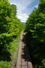Railroad Running Through The Forest In Quebec, Canada