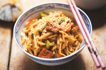 Wall Mural - Pad thai tofu, pasta with tofu and vegetables, nuts