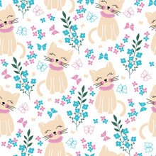 Cute Seamless Vector Background With Funny Cats And Flowers In Cartoon Style