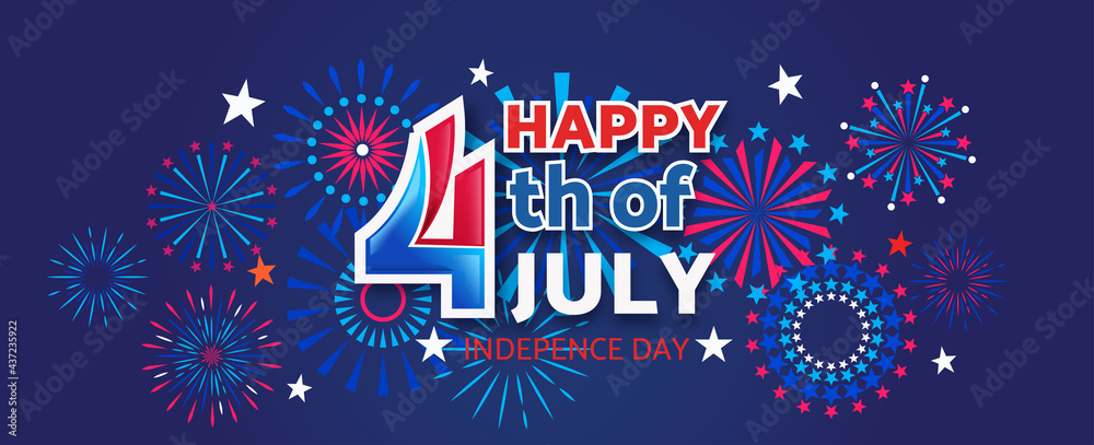 4th July Happy Independence Day holiday banner template with festive fireworks - Vector illustration - obrazy, fototapety, plakaty 