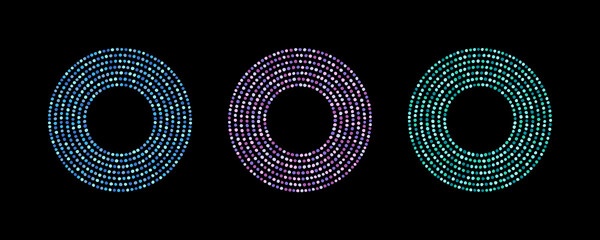 Poster - Set of colorful round dot, dotted frames. Circle, ring shape templates. Dotty text backgrounds, decorations made of uneven spots, dots, hand drawn blobs, beads. Geometric graphic design elements.