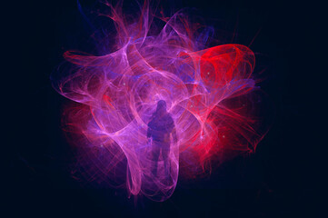 Wall Mural - a science fiction concept. a man, back to camera, standing in a portal of glowing clouds