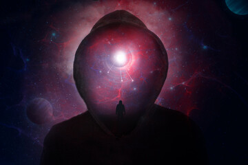 Wall Mural - a science fiction concept of a hooded figure without a face. over layered with a man looking into a 