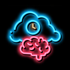 Poster - Brain Cloud Clock neon light sign vector. Glowing bright icon Brain Cloud Clock sign. transparent symbol illustration