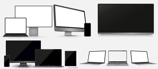 Poster - Set Mock-up of realistic devices. Smartphone, tablet, laptop, TV. 3D vector illustration Vector collection gadgets, Mockups to showcase your web-site design