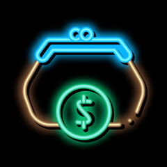 Poster - Wallet Coin Money neon light sign vector. Glowing bright icon Wallet Coin Money sign. transparent symbol illustration