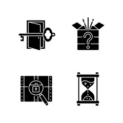 Wall Mural - Puzzle black glyph icons set on white space. Find key to get out. Mystery box. Time countdown. Clues for riddle. Part of mystery quest. Silhouette symbols. Vector isolated illustration