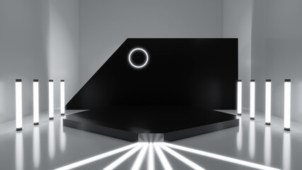 Poster - Pentagon black podium and decoration with white neon light design on dark background, 3D rendered black geometric product stand. Dark corner background with white neon light glow spotlight.