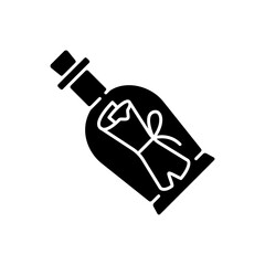 Poster - Message in bottle black glyph icon. Scrolled note inside glass with cork. Solving puzzles, clues for riddles. Part of quest. Escape room. Silhouette symbol on white space. Vector isolated illustration