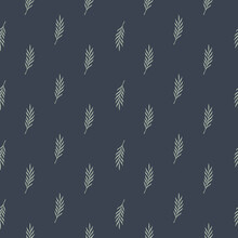 Little Grey Leaves Branches Silhouettes Seamless Doodle Pattern. Navy Blue Background. Simple Artwork.