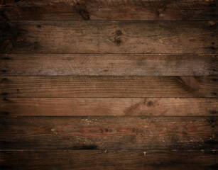 Wall Mural - Dark wood texture. Weathered vignetted rustic wood background from aged old planks with nails.