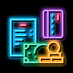 Poster - Money Coin Card neon light sign vector. Glowing bright icon Money Coin Card sign. transparent symbol illustration