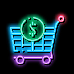 Poster - Shop Cart Dollar neon light sign vector. Glowing bright icon Shop Cart Dollar sign. transparent symbol illustration