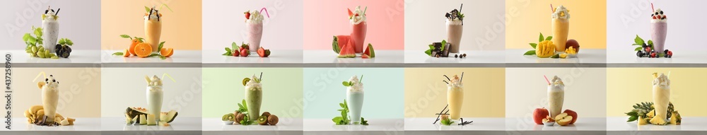 Set of various flavors milkshakes decorated with fruits colored background - obrazy, fototapety, plakaty 